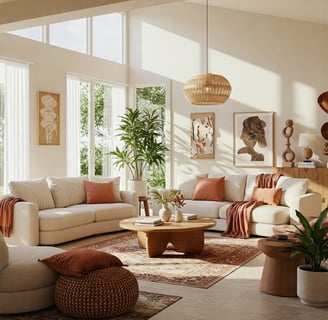 Modern American living room with warm colors and natural materials
