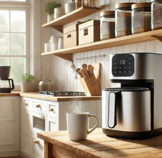 A modern kitchen setup featuring an air fryer,stackable storage containers and a smart coffee maker.