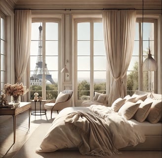Luxurious bedroom overlooking the Eiffel Tower, showcasing modern furnishings and a tranquil ambianc
