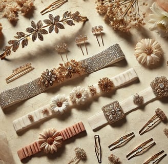 Luxury hair accessories for women with crystal headbands, floral pins, and gold hairpins on textured