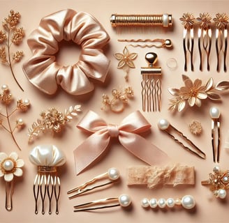 Elegant and trendy hair accessories for women, featuring scrunchies, clips, and headbands on pastel.