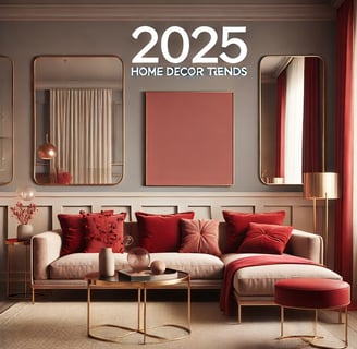 Cozy living room with cherry red sofa,gold mirrors,neutral walls,and a textured rug for modern decor
