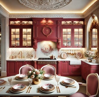 Modern kitchen with cherry red cabinets,gold hardware,pastel backsplash,and Rococo-inspired details