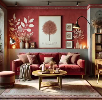 Modern living room with cherry red sofa, gold-framed mirror, pastel walls, and plush area rug.