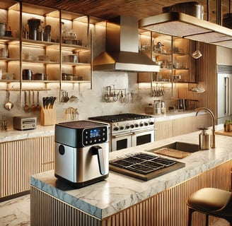 Must-have kitchen gadgets, including a compact air fryer and electric milk frother, for an organized