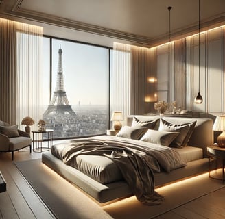 Elegant Parisian bedroom with a breathtaking view of the Eiffel Tower, featuring cozy decor and soft