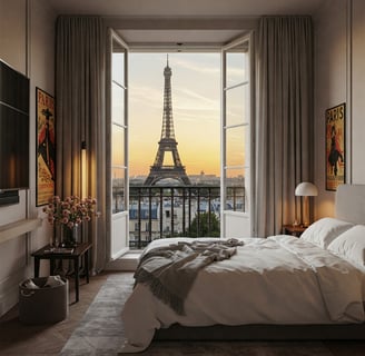 Parisian bedroom with Eiffel Tower view, elegant interior, contemporary style.