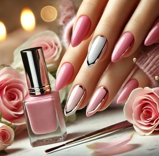Pink short nails with chrome and French tip design for Valentine’s Day, surrounded by rose petals.