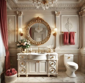 Luxurious bathroom with gold-framed mirror, marble tiles,cherry red towels,and crystal light fixture