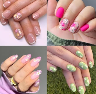 Elegant hands display vibrant spring nail art with French tips, almond shapes, and subtle nude hues