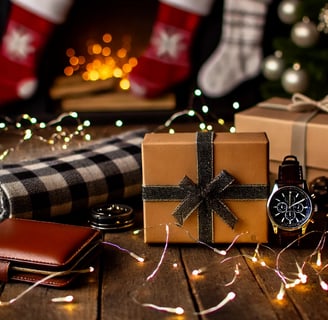 A selection of unique Christmas gifts for him, featuring a leather wallet, smartwatch, and whiskey s