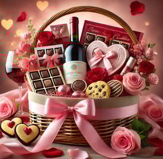Valentine’s Day gift basket with chocolates, candies, and wine, perfect for thoughtful celebrations.