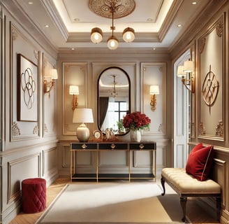 A welcoming hallway with a modern console table, cherry red decor accents, and a gold-framed mirror