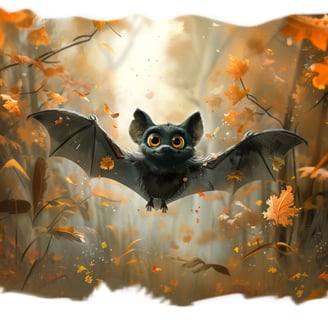 Kleine Fledermaus fliegt durch einen herbstlichen Wald, umgeben von goldenen Blättern.
