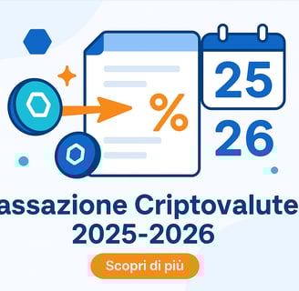 semplificazione cripto attività, simboli astratti di token digitali, documenti stilizzati e icone fiscali