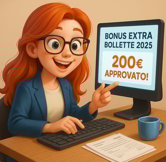 Segretaria cartoon pixar al computer e Sullo schermo appare il messaggio 'BONUS EXTRA BOLLETTE 2025 200€ APPROVATO