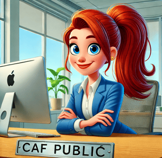 Persona con capelli rossi legati in una coda alta, in un ufficio con imac e targhetta CAF PUBLIC