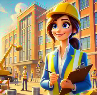Illustrazione cartoon di un cantiere edile gli operai indossano caschi e giubbotti gialli. il supervisore in primo piano