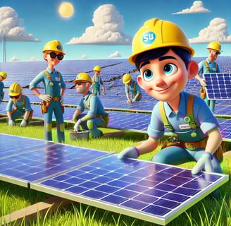 Operai in uniforme blu e caschi gialli che installano pannelli solari in un grande campo solare cartoon.