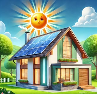 Illustrazione cartoon di una casa ecologica moderna con pannelli solari sul tetto. Il sole splende in cielo.