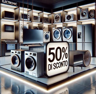 Negozio moderno con elettrodomestici in esposizione. Al centro un cartello con la scritta 50% DI SCONTO stile cartoon