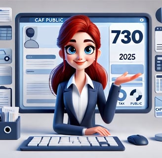 Donna seduta a una scrivania in abito formale davanti a uno schermo del computer con il numero '730' e l'anno '2025' visibili