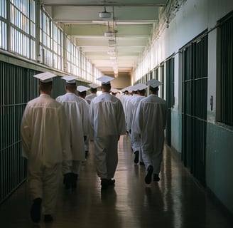 a group of male inmates in cap and gown walking down a hallway