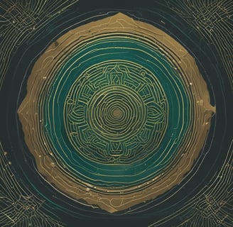 stylized, green geometric logo resembling overlapping lines forms the central focus. Below the displayed in a golden hue. The background features a pattern of concentric, reflective circles with a teal tint on a dark surface.