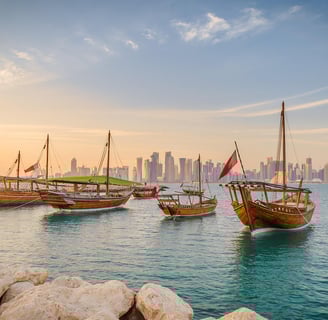 a group of boats in the water near a city