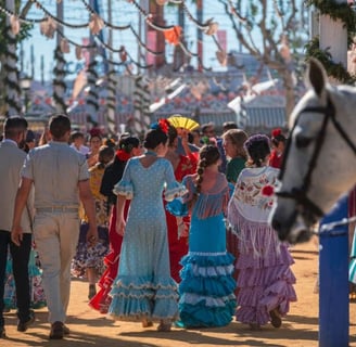Feria de Abril in Sevilla, a group of people in colorful dresses and hats