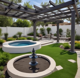 A landscaped outdoor area with large trees and neatly arranged flower beds. A small structure with a red roof sits in the background. There is a decorative design on the paved ground in the foreground, and blue letters spelling out 'ICIT ASD2 23' are displayed prominently.