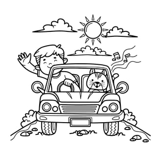 Kleurplaat jongen en kat in een auto, simpel