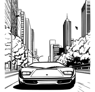 Kleurplaat van een Lamborghini  van voren op de weg in de stad