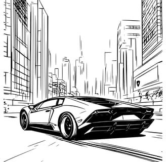 Kleurplaat van een Lamborghini  van de zijkant op de weg in de stad