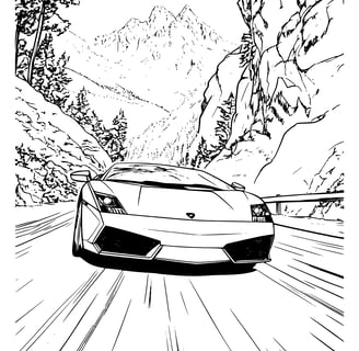 Kleurplaat van een Lamborghini op de weg tussen de bergen