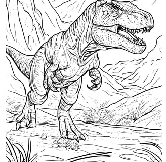 Kleurplaat van een T-rex in de woestijn