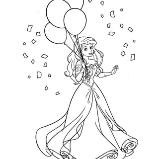 kleurplaat van prinses ariel met ballonnen in een jurk