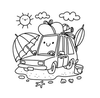 Simpele kleurplaat van een auto op zomervakantie