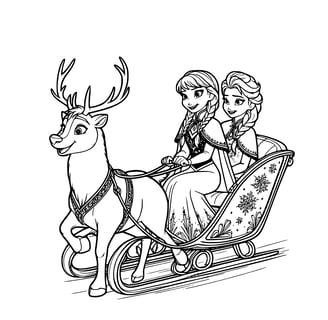 Kleurplaat Anna en Elsa in een slee