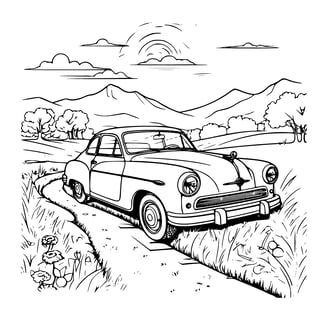 Kleurplaat van een klassieke auto in de natuur