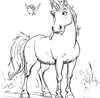 Pixar  style unicorn kleurplaat met vogels