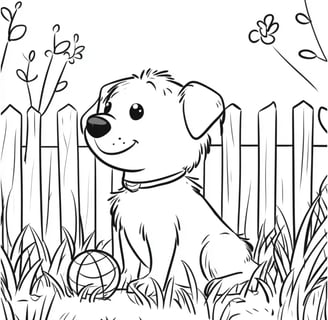kleurplaat van een hond met een bal in de tuin