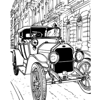 Oude vintage auto kleurplaat en huizen