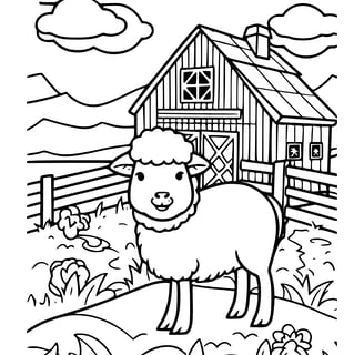 Simpele kleurplaat van een schaap en een boerderiji