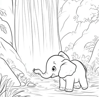kleurplaat schattige baby olifant bij een waterval