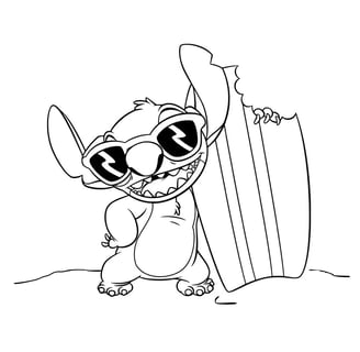 Kleurplaat van Stitch met zijn surfboard
