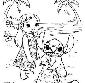 kleurplaat van Lilo en Stitch op het strand