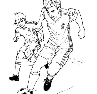 Een kleurplaat van twee jongens die voetbal spelen