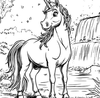 Unicorn bij een waterval kleurplaat