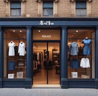 A well-organized clothing store with racks of assorted garments on both sides, featuring a mix of colors and styles. The space is brightly lit with white walls and a minimalist design, and a potted plant adds a touch of greenery.